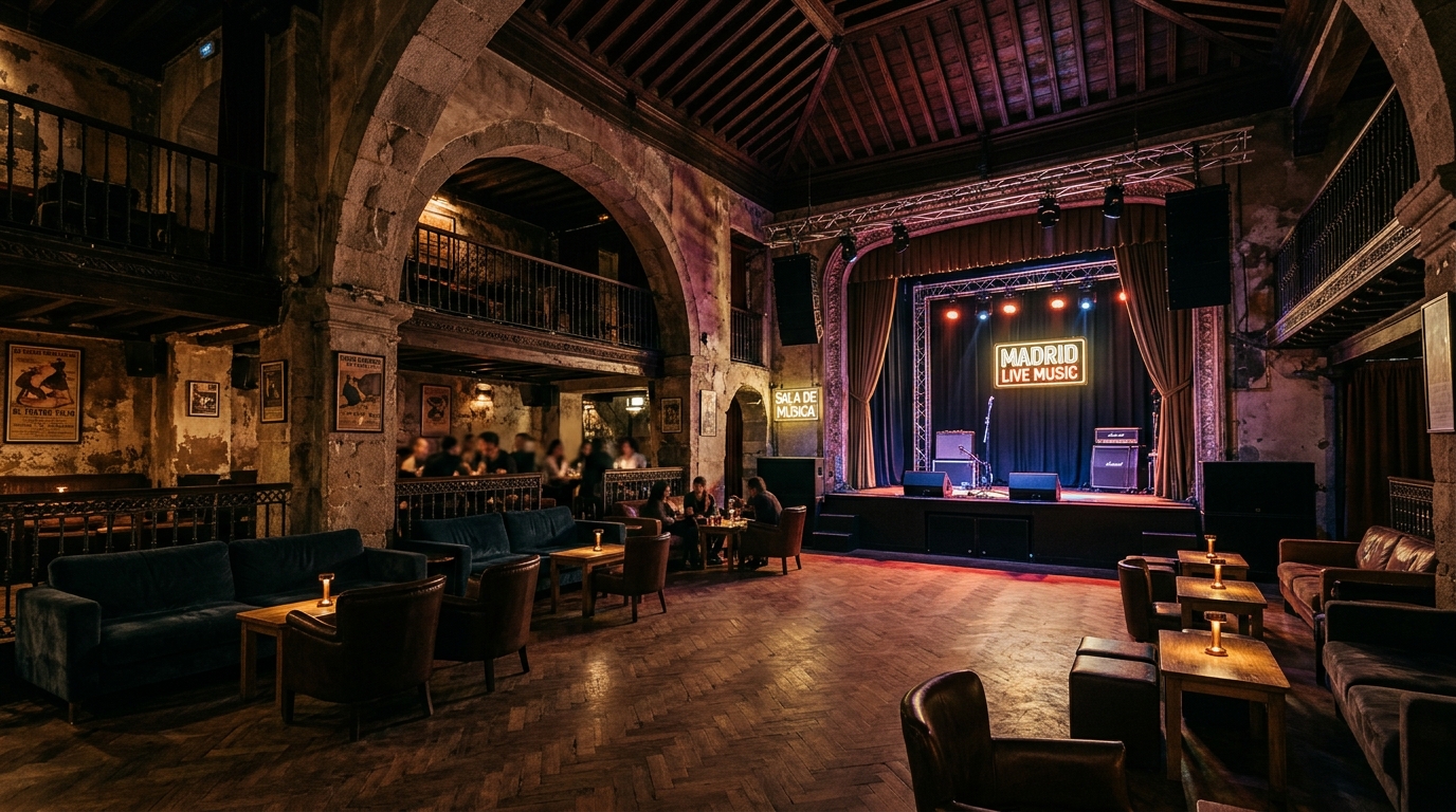 Interior de una histórica sala de música en España adaptándose con música en vivo y espacio lounge